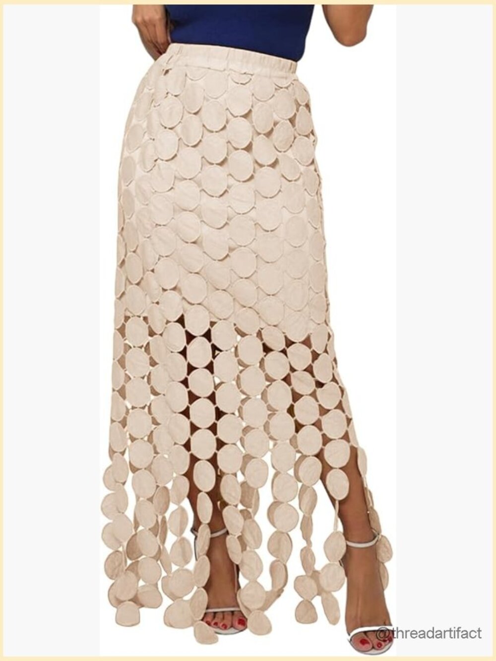 Boho Hollow Out Fringe Hem High Waisted Maxi Skirt - Picture 1 of 7